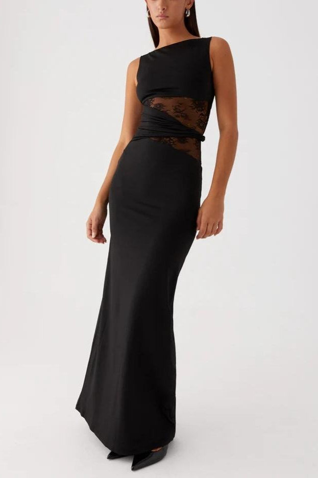 Slim Sheer Lace Paneled Maxi Lace Dress