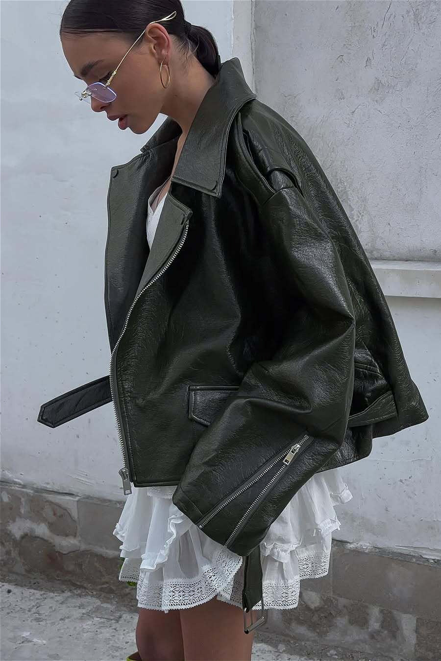 Zip Up Green Leather Moto Jacket