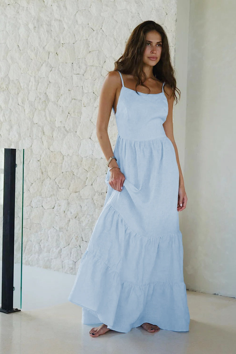 Spaghetti Strap Backless Ruffle Maxi Dress