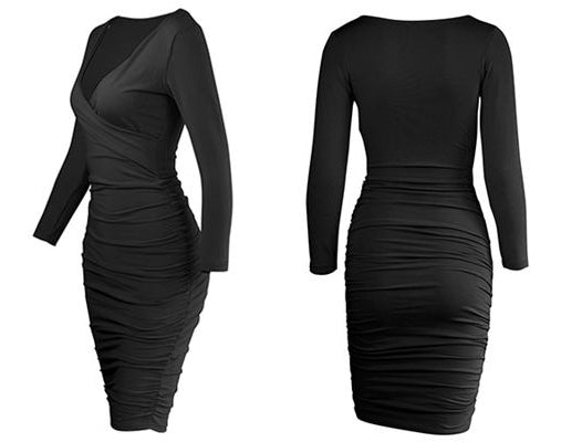 Deep V-Neck Long Sleeve Ruched Bodycon Midi Dress - View 10