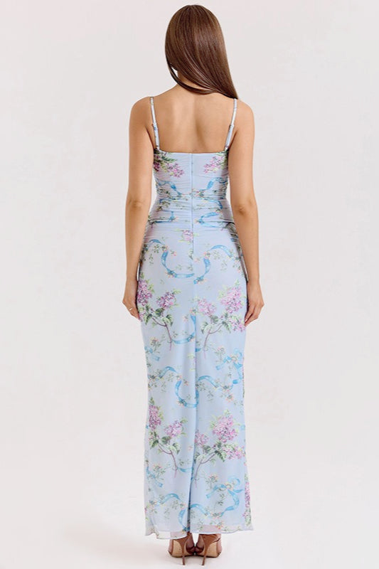 Floral Spaghetti Strap Ruched High Split Slip Maxi Dress - View 4