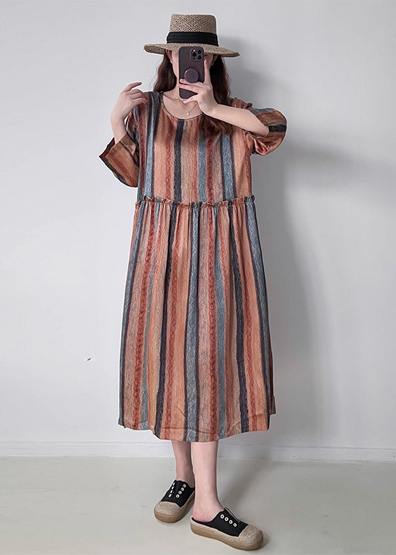 Vertical Stripe Round Neck Long Sleeve Empire Waist Midi Dress - View 4