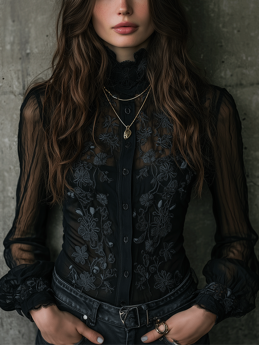 Romance Black Elegance High-Neck Lace Sheer Blouse