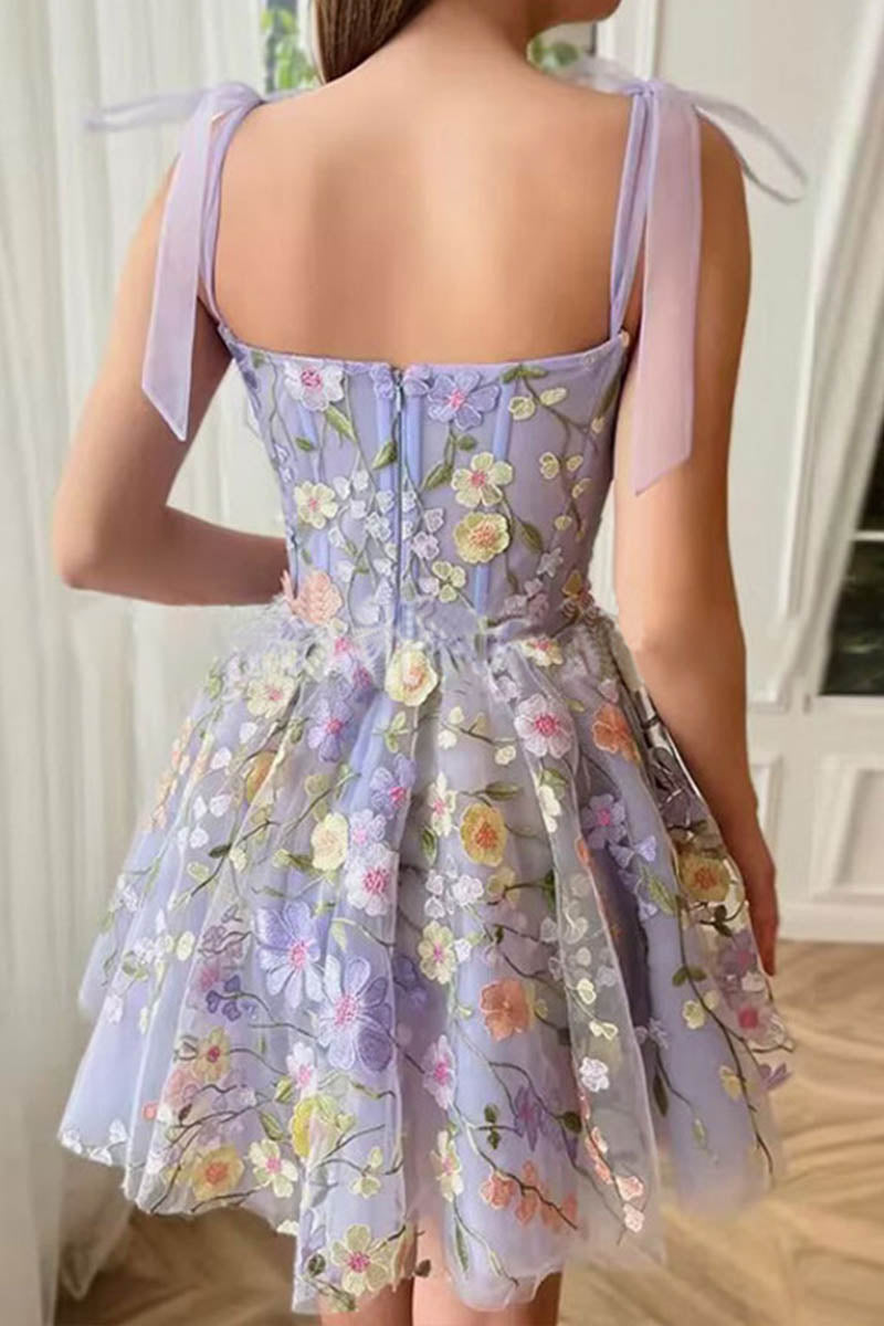 3D Lace Flower Embroidered Ribbon Bow Suspender Mini Dress - Fashionpara