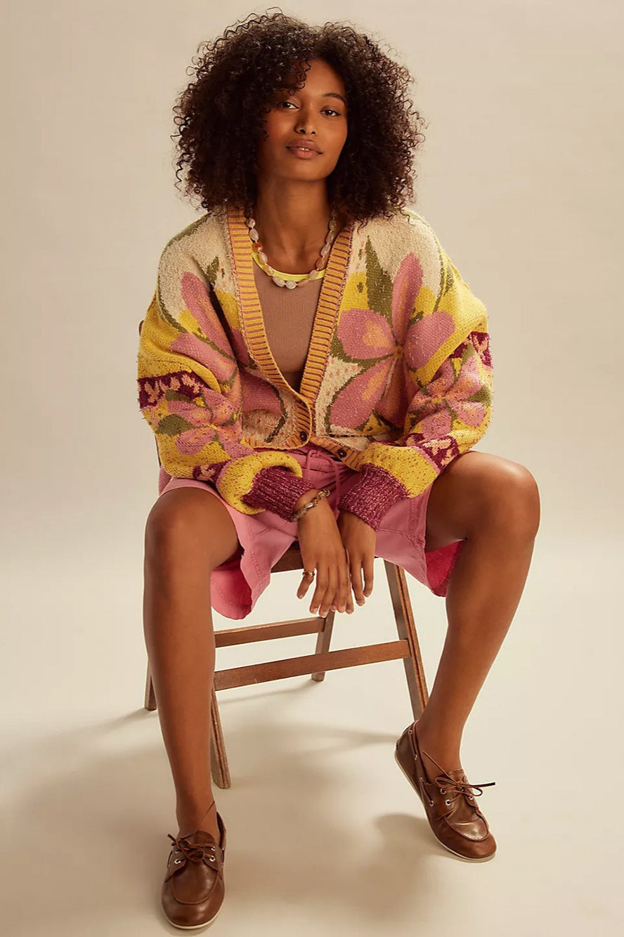 Chic Abstract Print Lapel Knit Sweater for Effortless Style