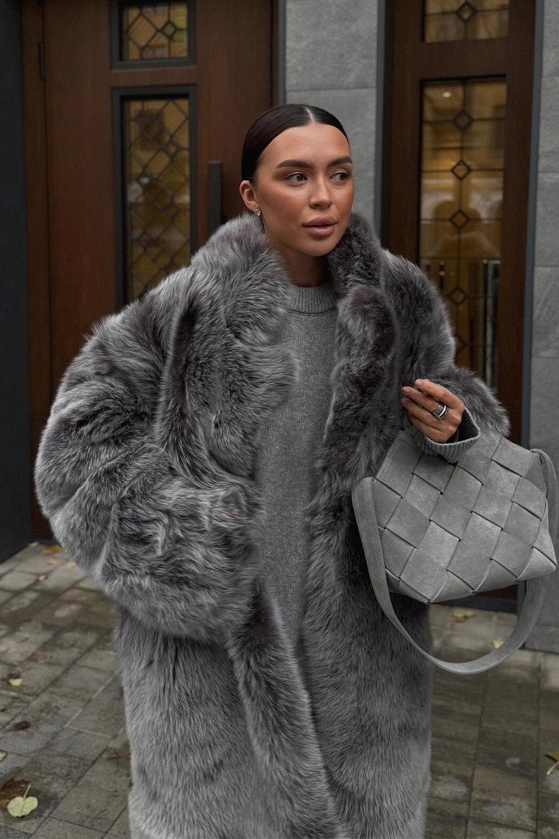 Long Eco Faux Fox Fur Plush Bicolor Overcoat - Fashionpara