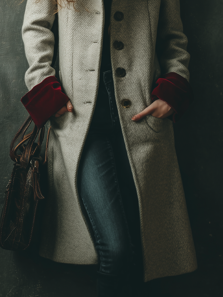 Vintage Twill Wool Blend Polyester Velvet Cuffs Coat