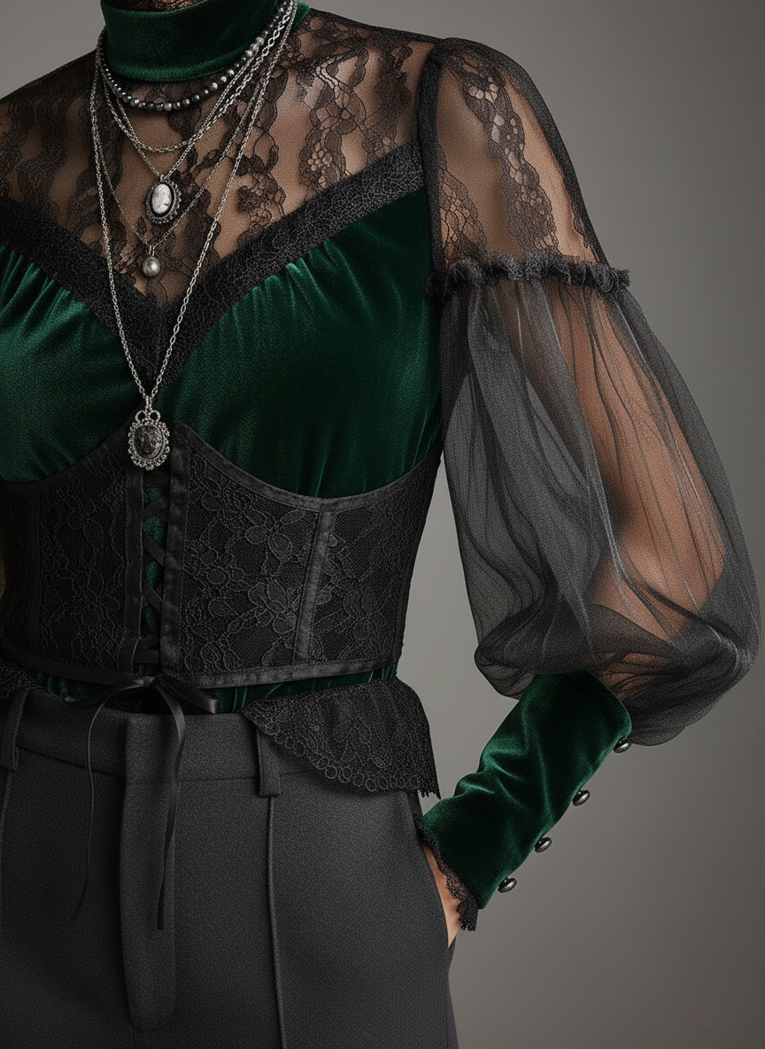 Emerald Velvet & Sheer Lace Corset Blouse - Fashionpara