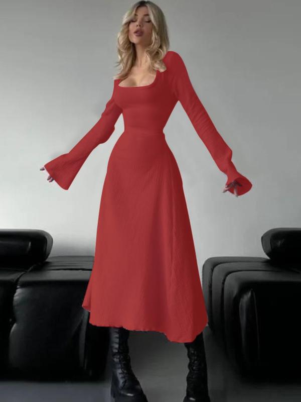 Square Neck Flare Sleeve Fit and Flare Midi Dress 7