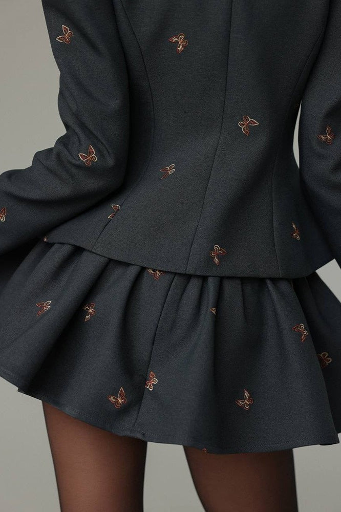 Embroidered Waist-Cinched Blazer & Mini Skirt Two Piece Set