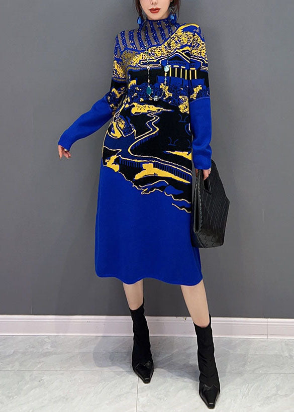 Landscape Graphic Print Mesh Insert Mock Neck Midi Dress