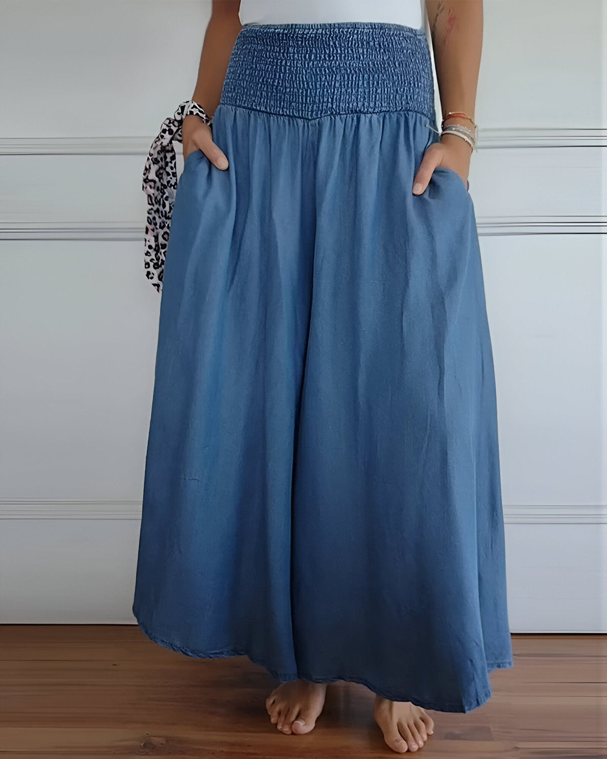 Smocked High Waist Wide Leg Denim Pants 2