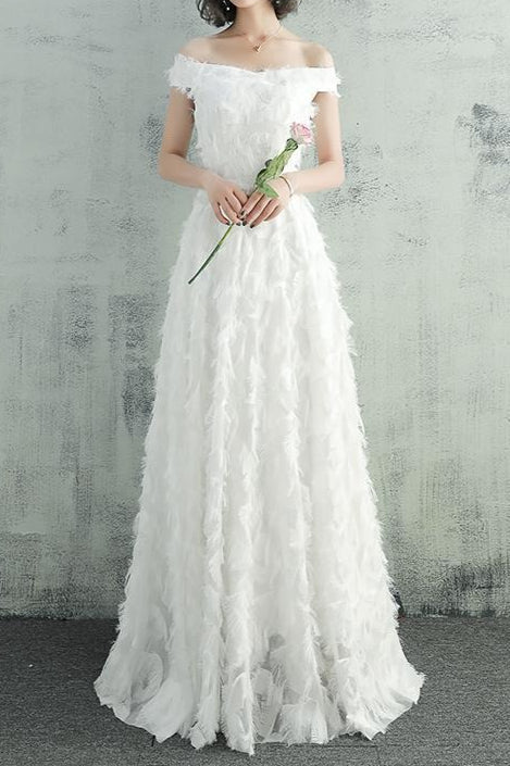 Feather Fringe Off Shoulder A-Line Formal Gown