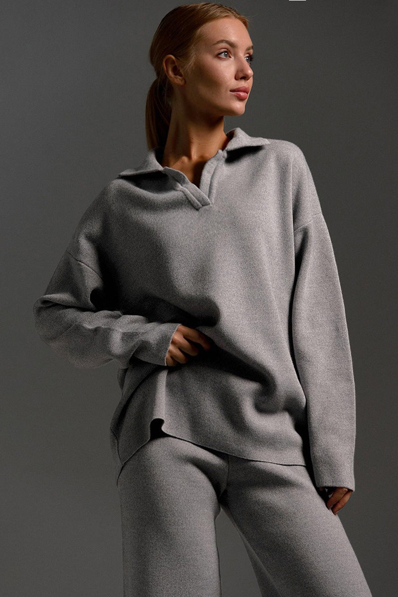 Polo Collar Knit Casual Two Piece Set