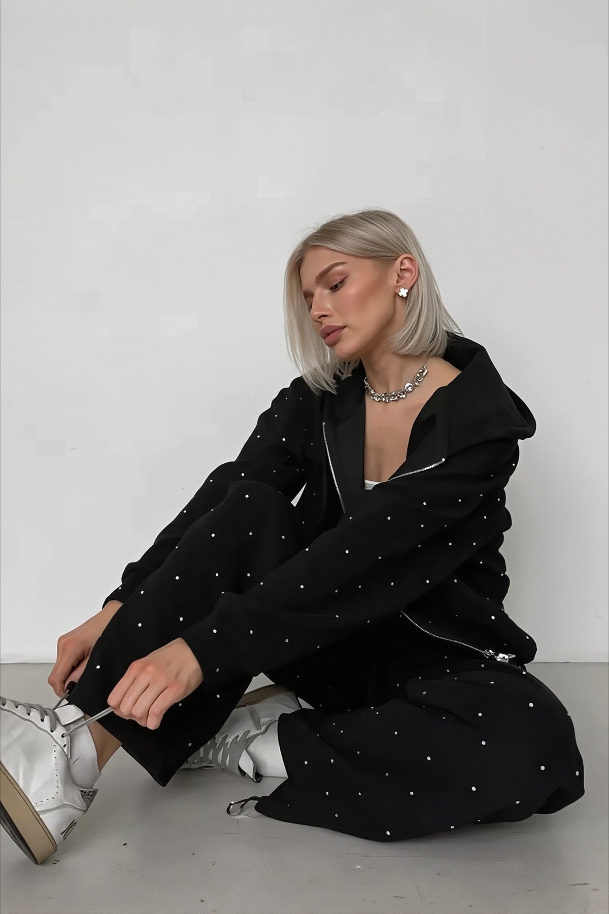 Rhinestone Hooded Loose Fit Two-Piece Set