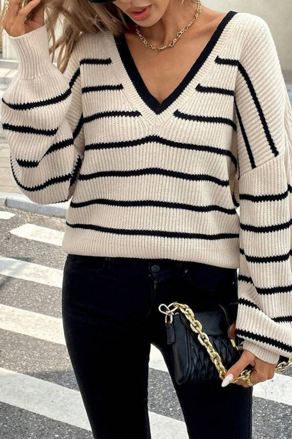 PrincessAce Chic Striped V Neck Bow Long Sleeve Sweater