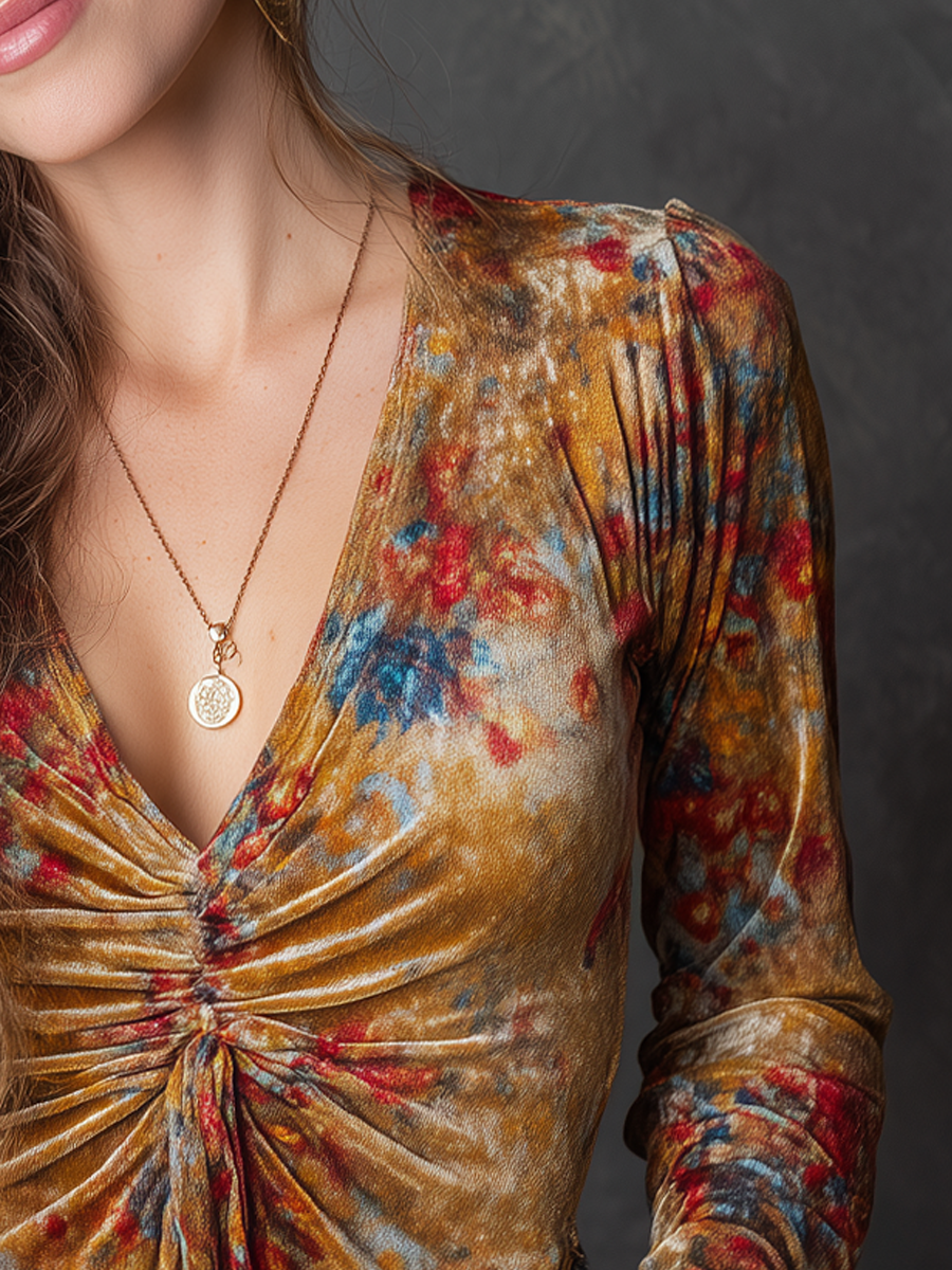 Vintage Floral Printed V-neck Long Sleeve Blouse - Fashionpara