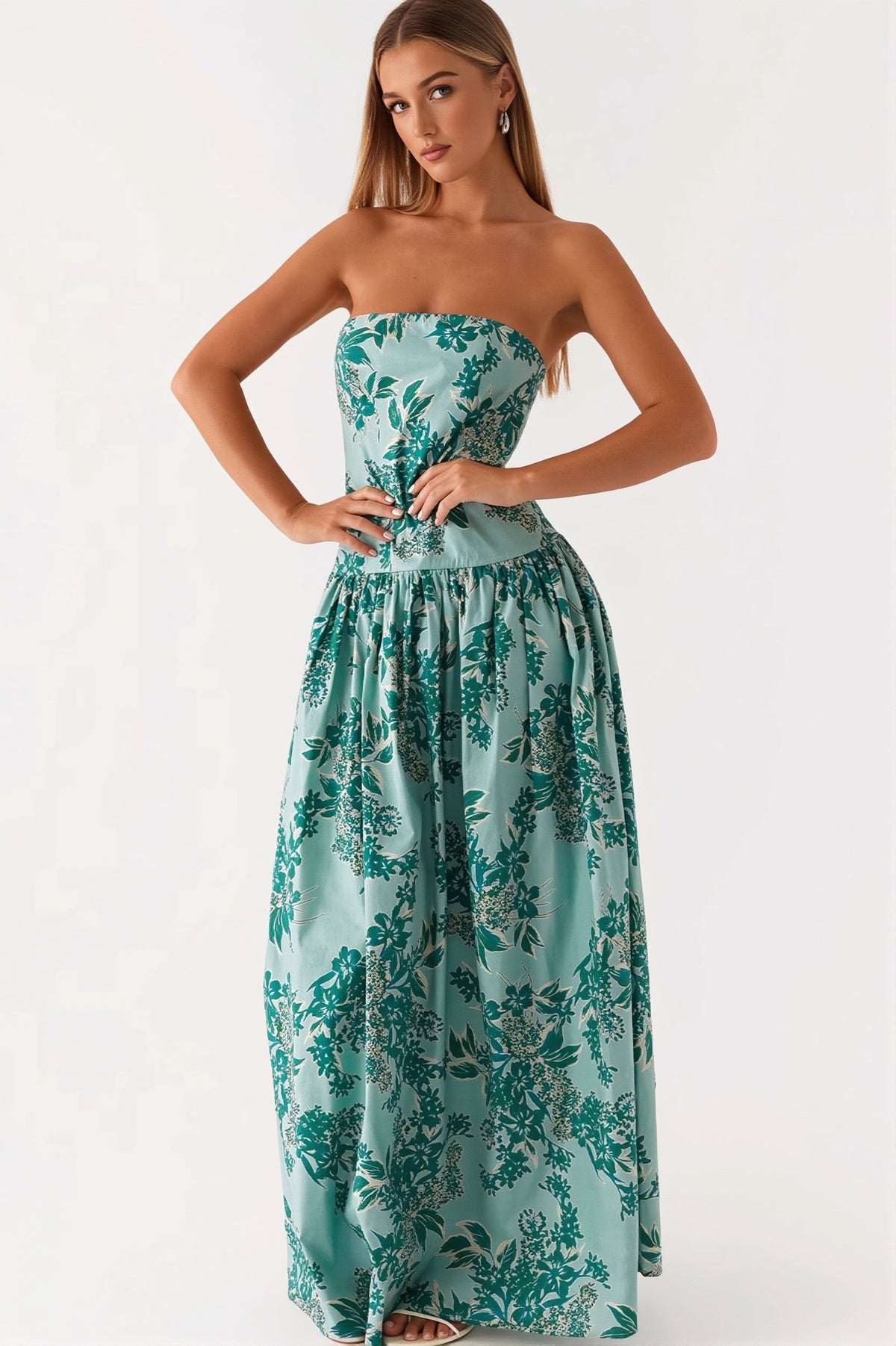 Floral Strapless Drop Waist A-Line Maxi Dress