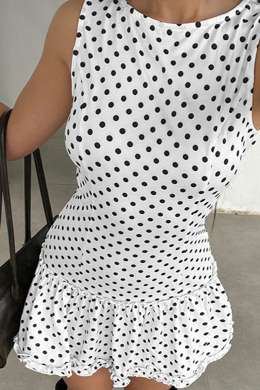 Polka Dot Sleeveless Ruffle Hem Mini Dress