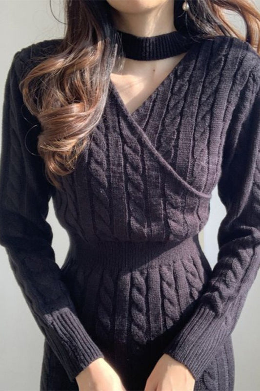 Ribbed Reversible Crewneck Split Hem Sweater Dress