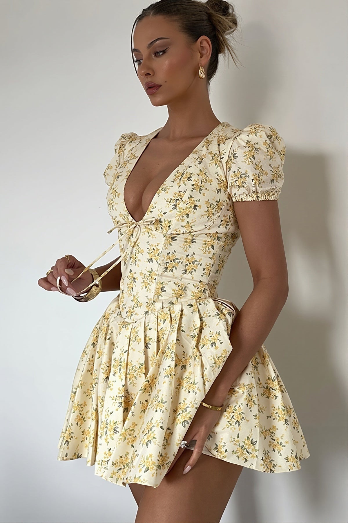 Floral V-Neck Puff Sleeve Corset Flare Mini Dress