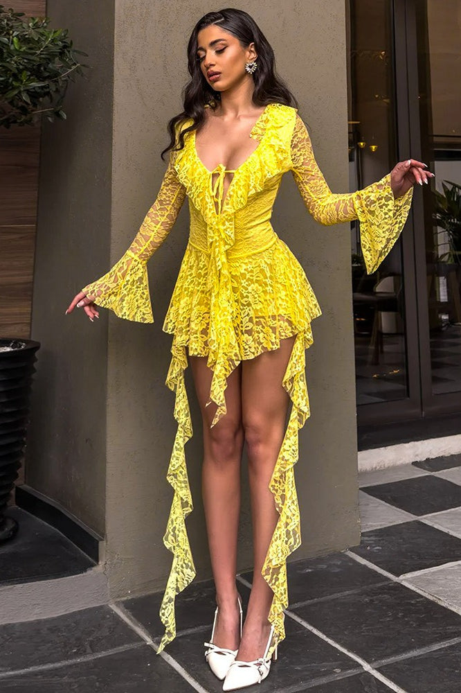 Lace Deep V-Neck Long Sleeve Ruffle Mini Dress 8