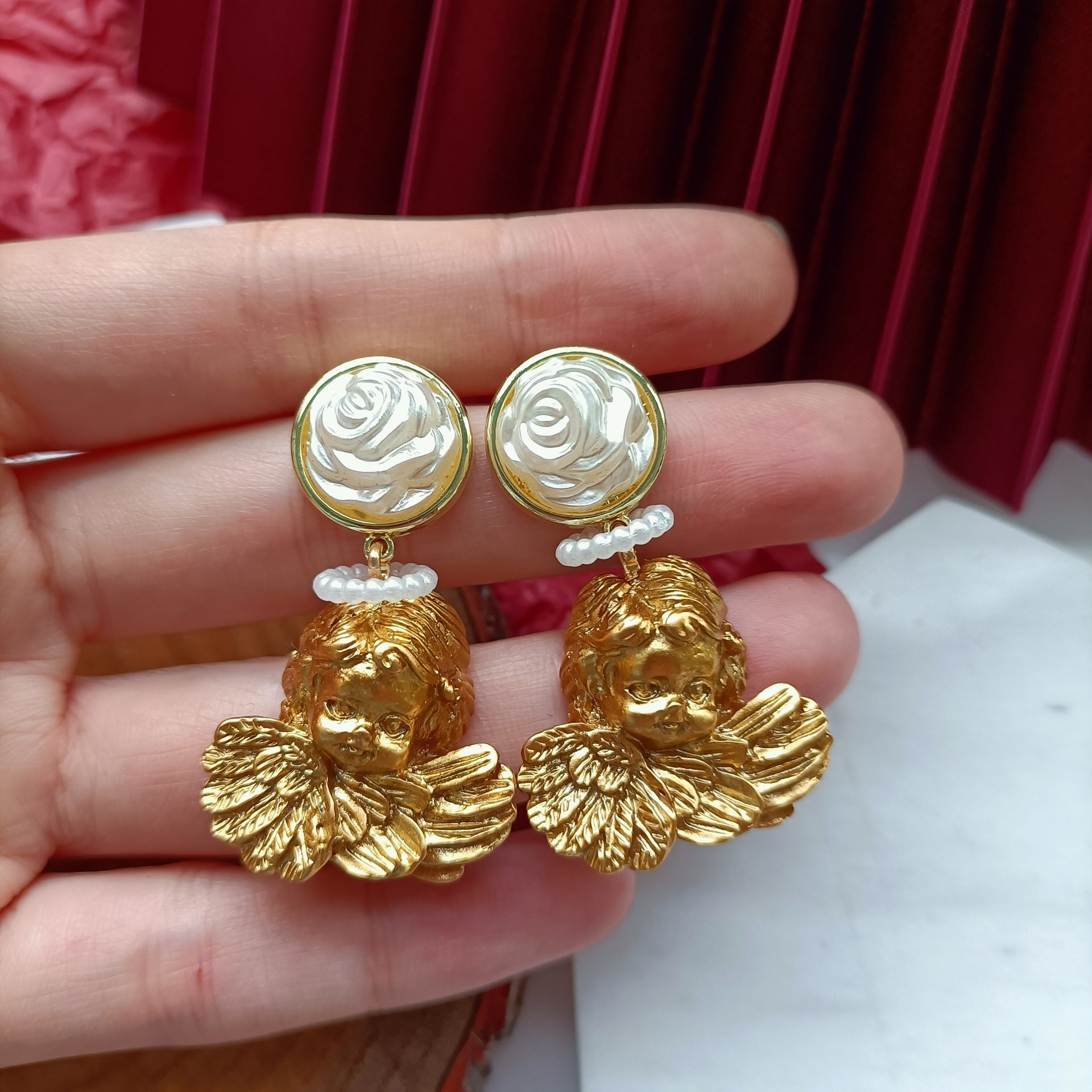 Vintage Angel Pearl Flower Stud Earrings