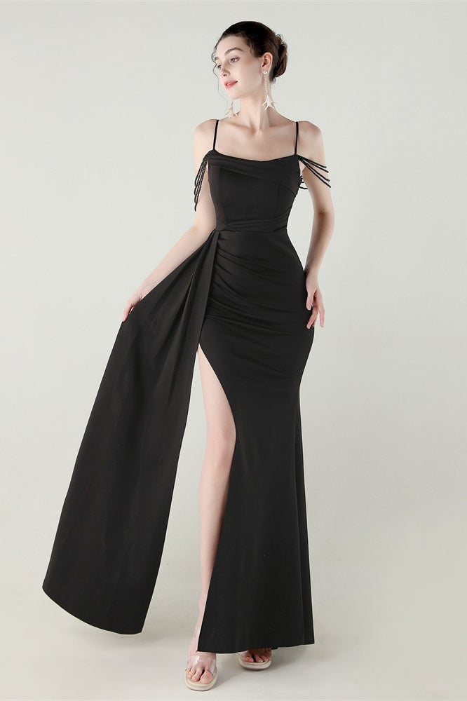 Satin Spaghetti Strap Ruched High Slit Mermaid Gown 14