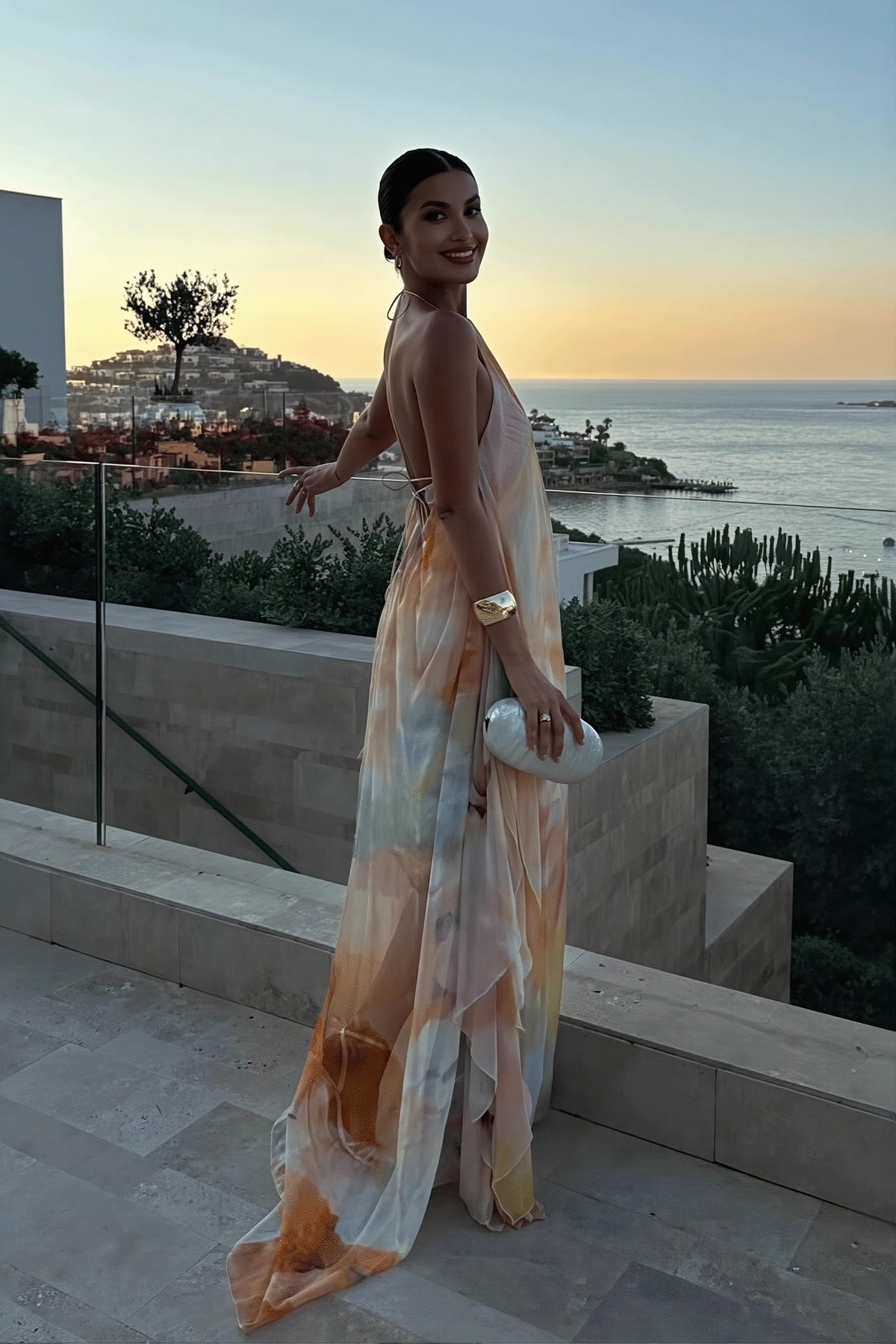 Abstract Print Halter Neck Maxi Dress