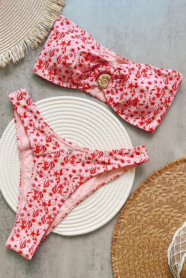 Floral Print Conch Buttoned Two-piece Stretch Bikini Swimsuit - Fashionpara
