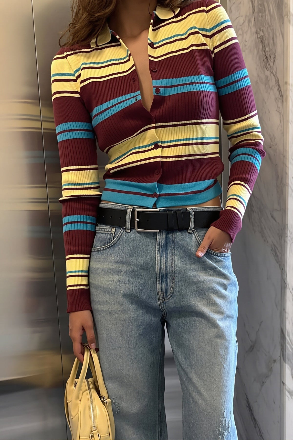 Multicolor Stripe Polo Collar Cardigan 2