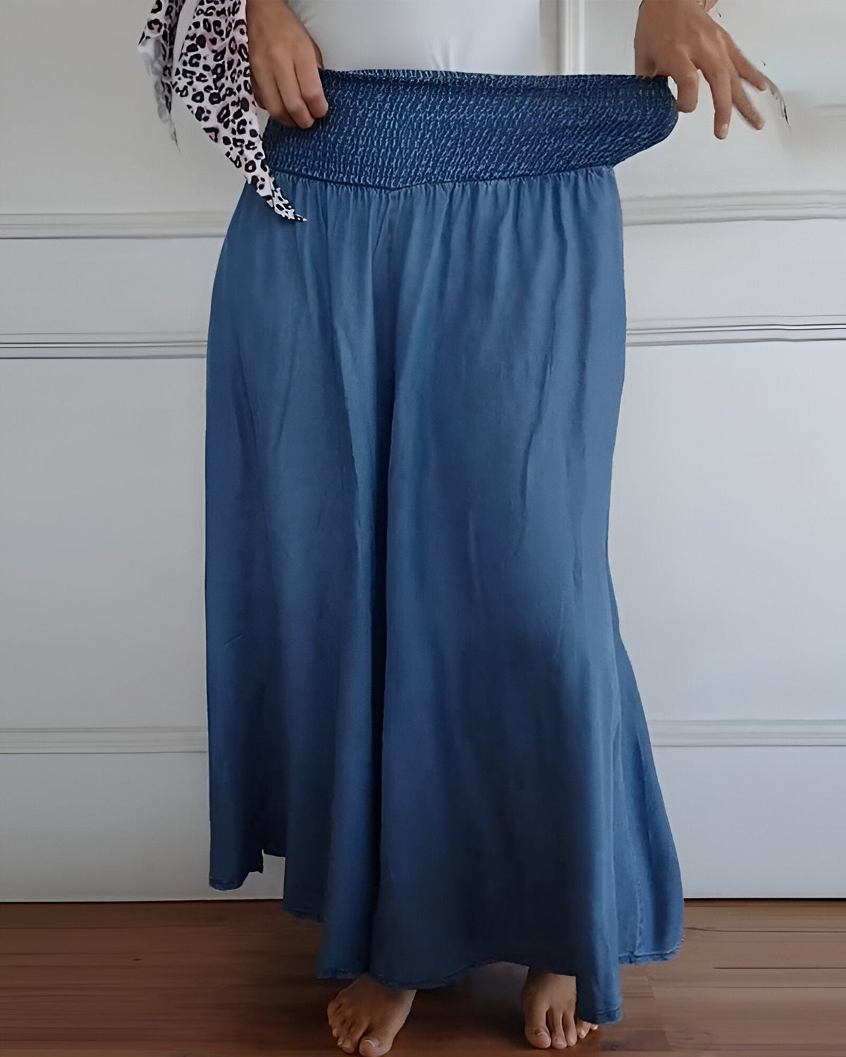 Smocked High Waist Wide Leg Denim Pants 3
