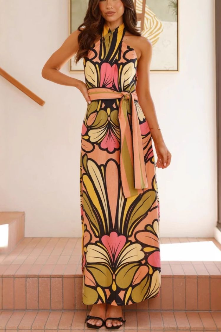 Unique Print Halter Neck Waist Tie Holiday Maxi Dress - Fashionpara