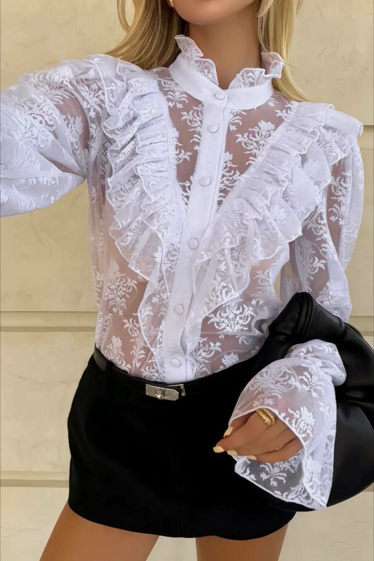 Ruffle Trim Sheer Lace Blouse