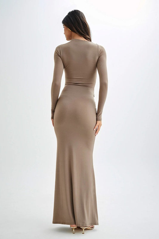 Crew Neck Long Sleeve Draped Waist Fishtail Maxi Dress 4