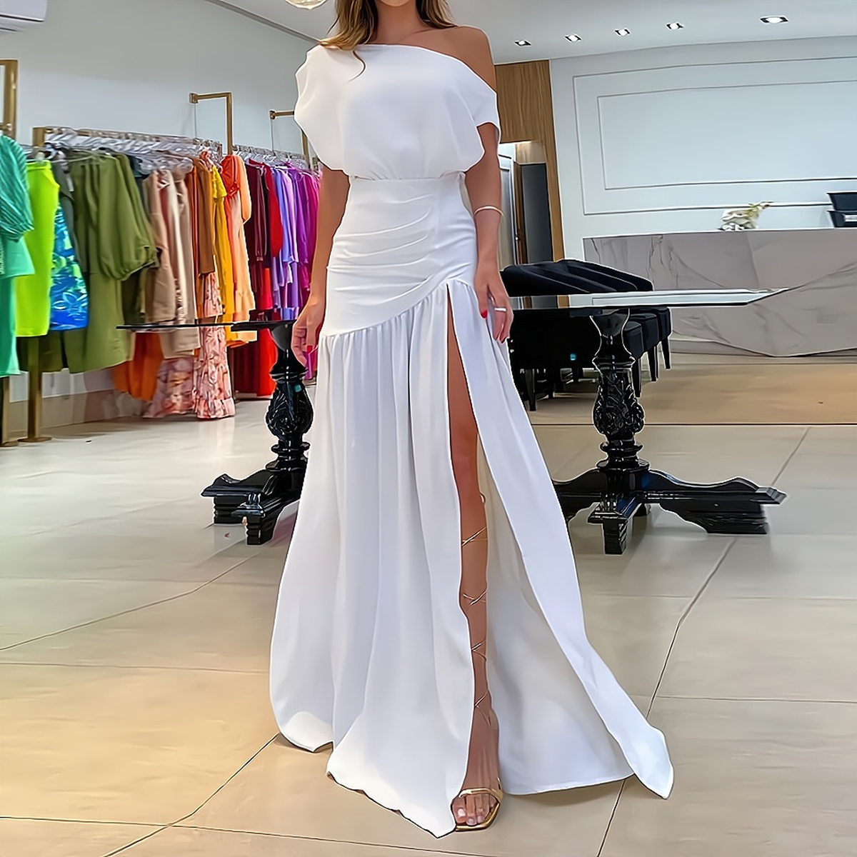 One Shoulder Ruched High Split Maxi Formal Gown