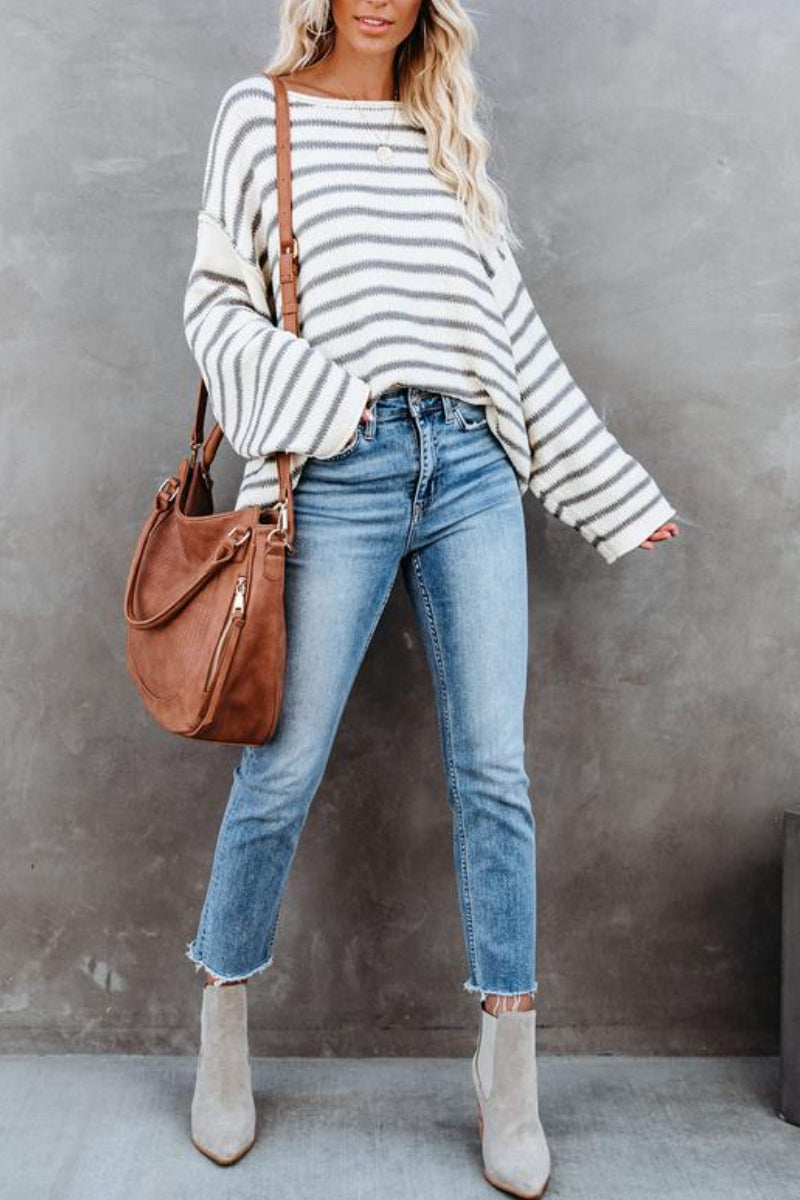 O Neck Striped Loose White Sweater  Fashionpara