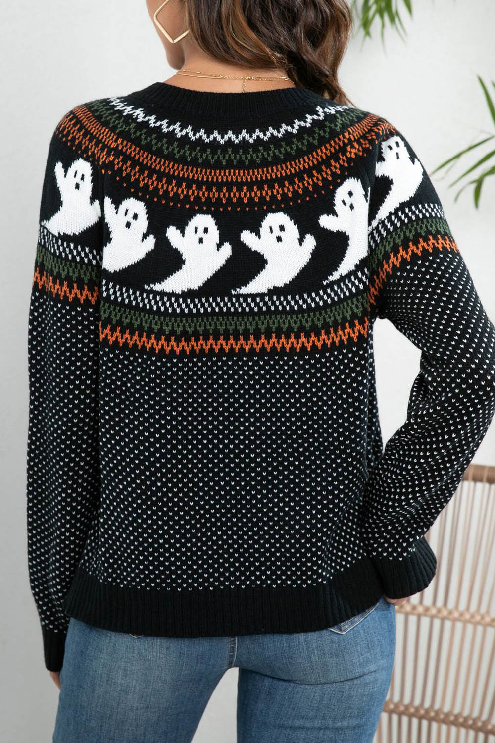 Halloween Ghost Retro Polka Dot Long Sleeve Knitted Cardigan Sweater - Fashionpara