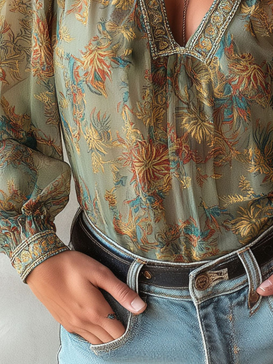 Boho Floral Sheer Chiffon Blouse With Lace Accent - Fashionpara