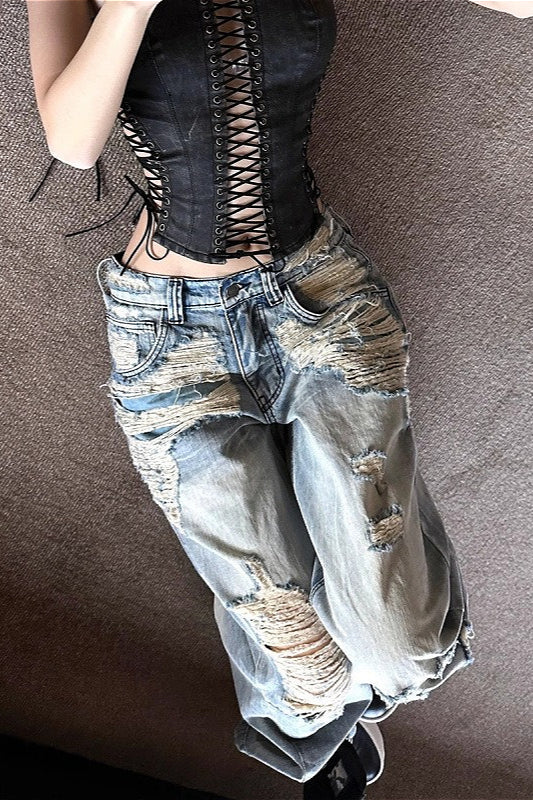 Light Blue Ripped High Waist Wide Leg Denim Jeans