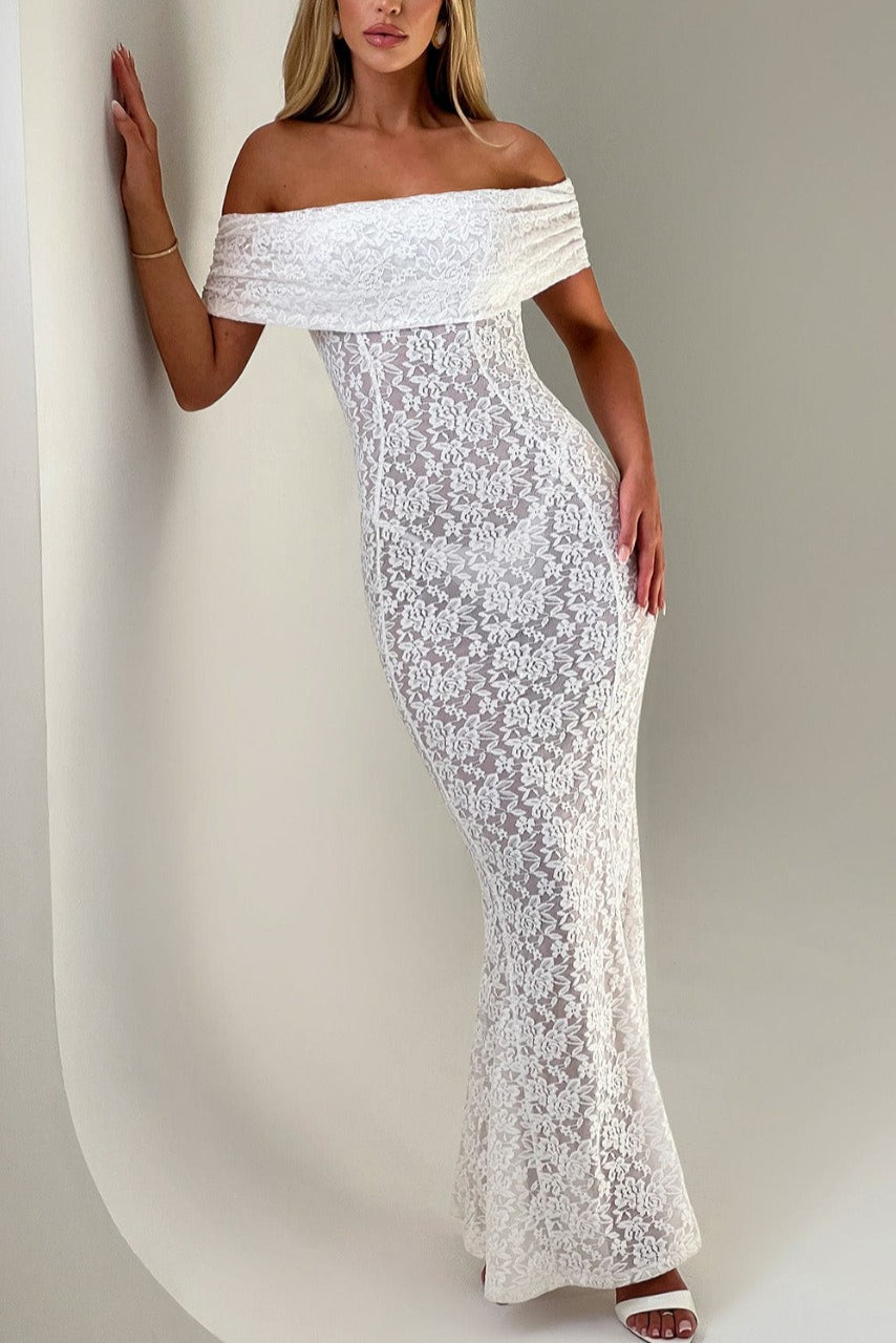 Sheer Floral Lace Off-Shoulder Mermaid Maxi Gown