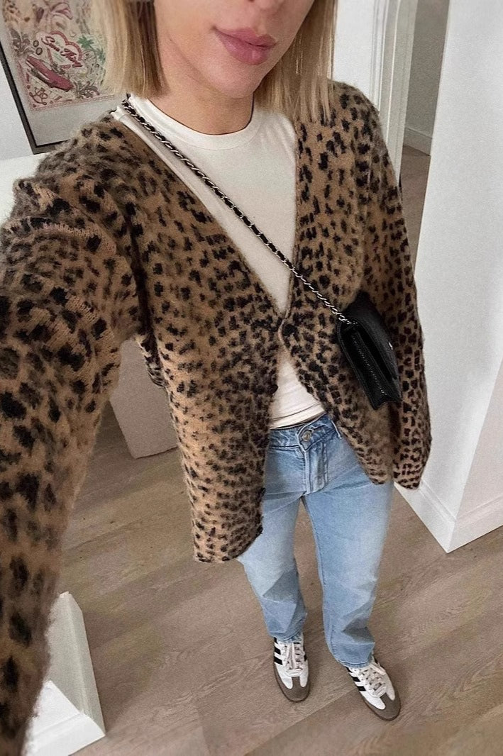 Soft Fuzzy Leopard Print V-Neck Cardigan for Cozy Style