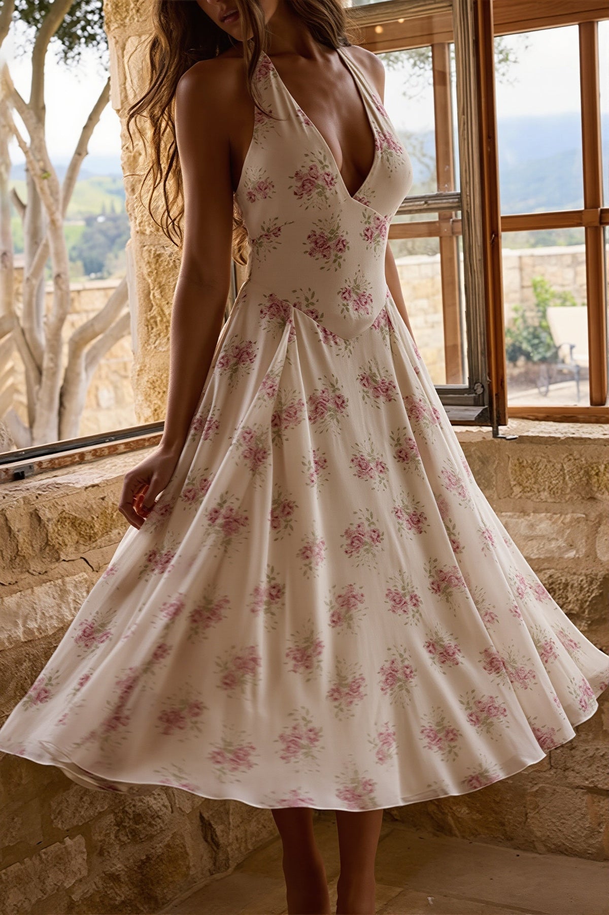 Floral Strapless Fit and Flare Midi Dress