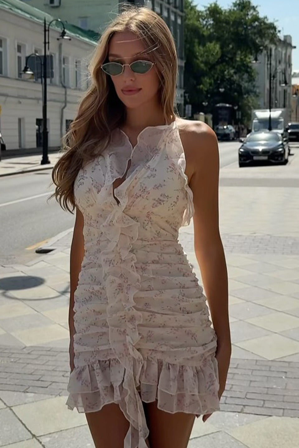 Floral Halter Deep V-Neck Ruffle Ruched Bodycon Mini Dress - View 4