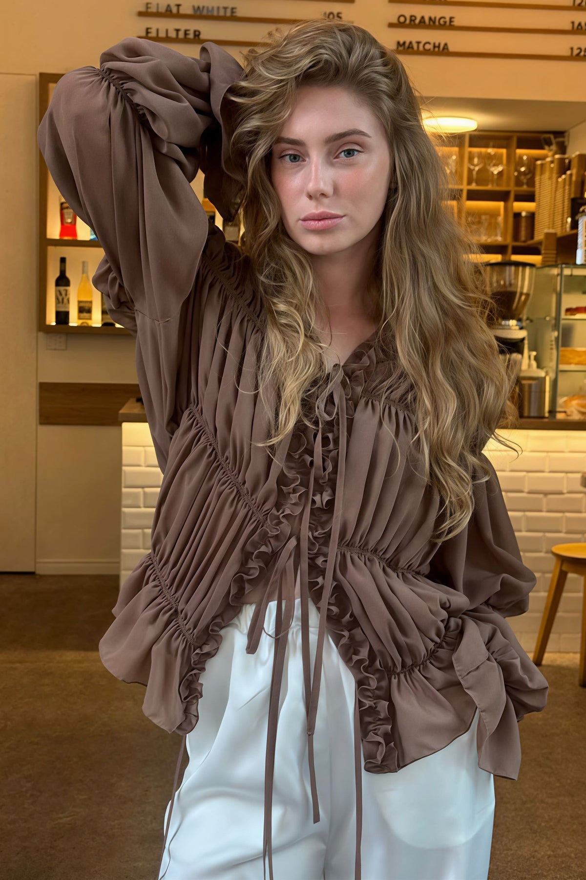 Solid Ruched Ruffle Tie Blouse