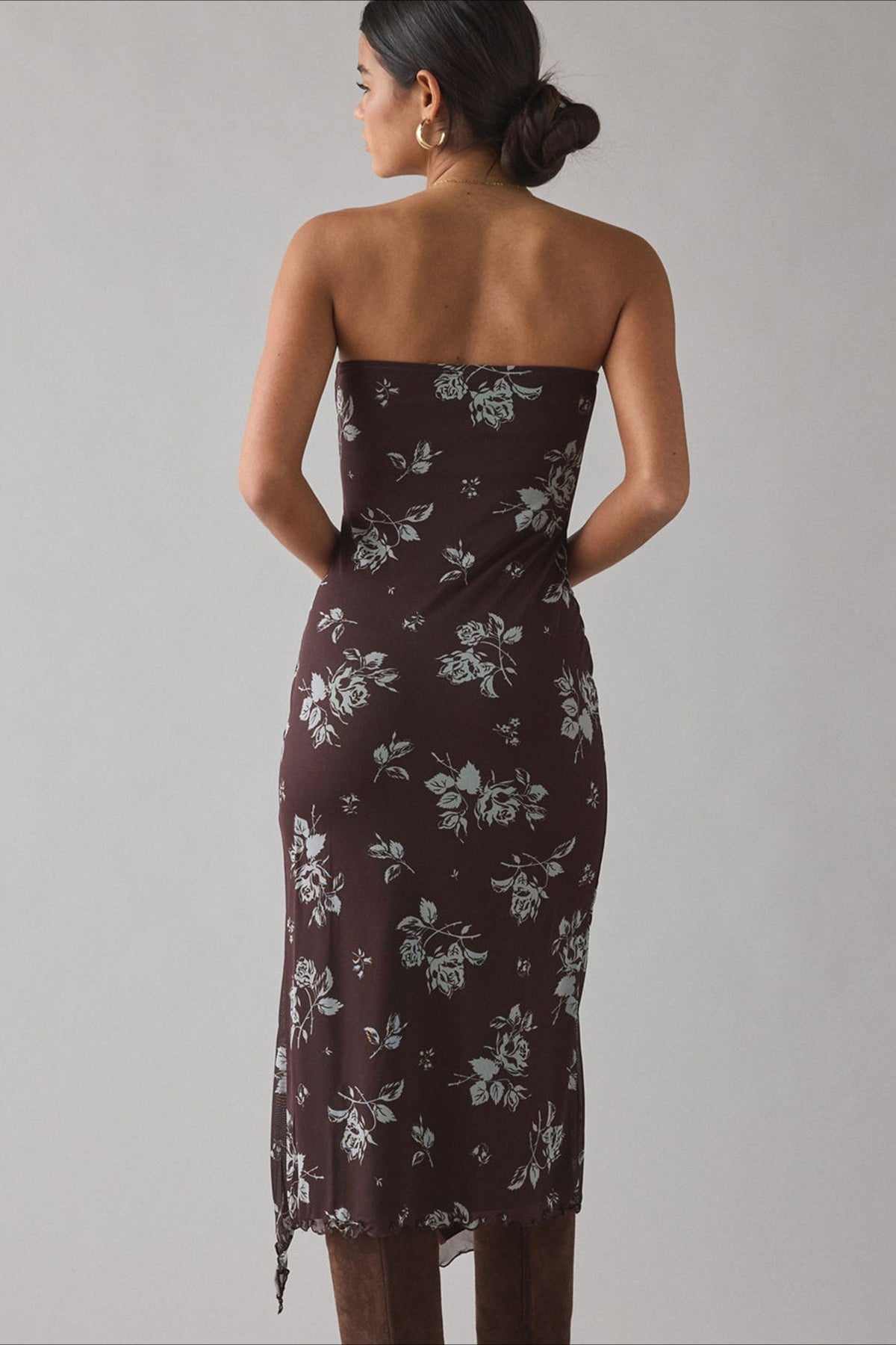 Gradient Print Mesh Strapless High Split Bias Midi Dress
