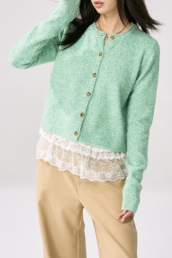 Green Knit Cuffed Solid Cardigan 5
