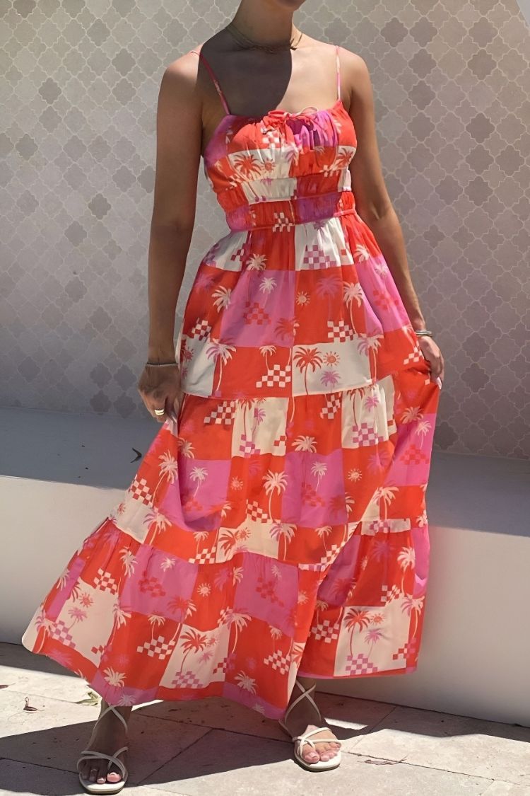 Resort Style Printed Suspender Pleated Loose Maxi Dress - Fashionpara