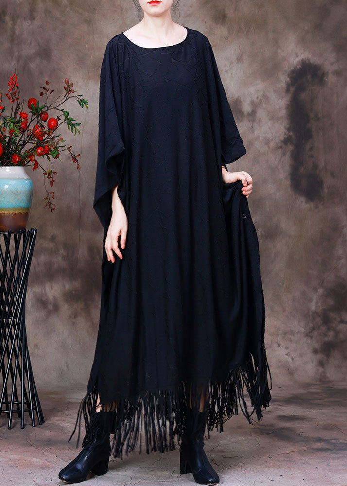 Mesh Geometric Fringe Hem Batwing Sleeve Kaftan Maxi Dress