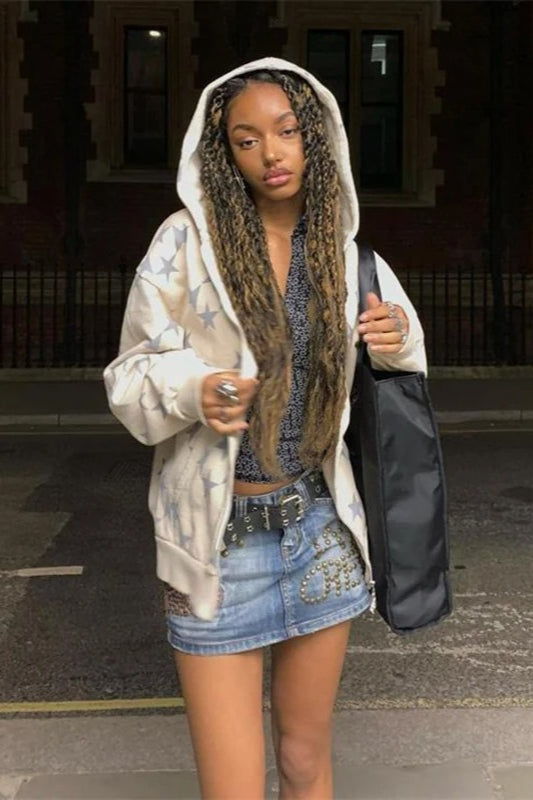 Star Print Zip Up Hoodie